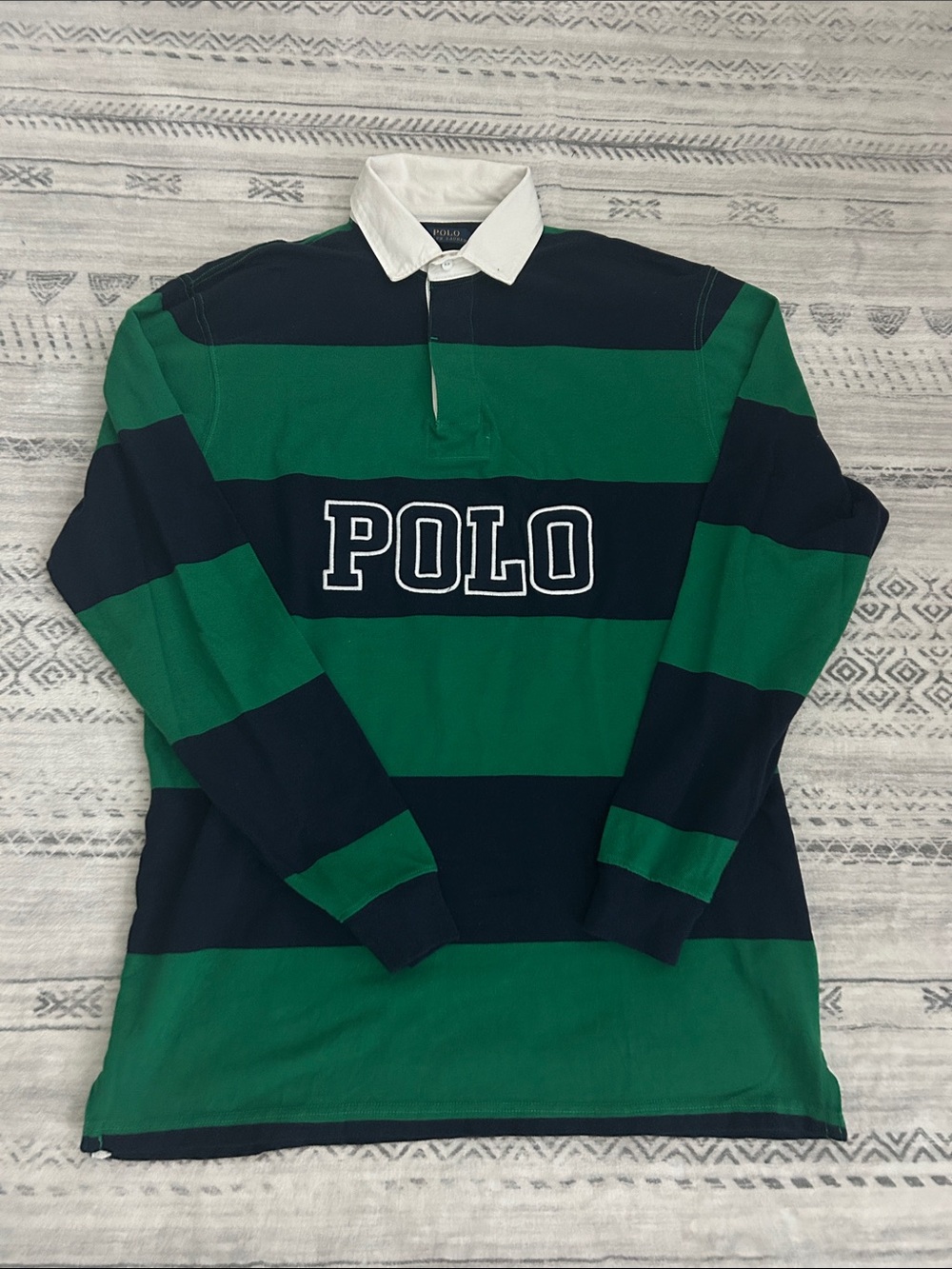 EUC/LN Polo by Ralph Lauren Green & Navy Striped Rugby Polo with White Collar